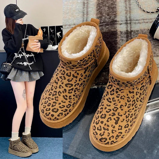 qgtao Women Leopard Print Shoes 2024 Winter New Comfortable Warm Women's Snow Boots Non-slip Wear-resistant Fashion Plush Short Boots