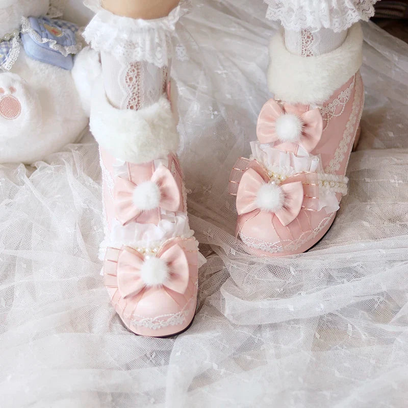 qgtao Original Lolita Cute Plush Ball Plush Warm Short Boots Lolita Shoes Sweet PU Girls' Shoes