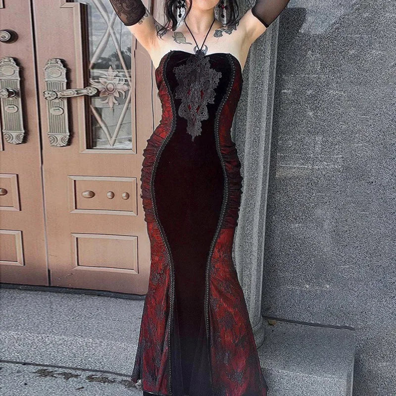 qgtao Goth Dark Ladies Elegant Fashion Tight Halter Mermaid Dresses Hotsweet Corset Mesh Maxi Dress Gothic Pleated Bodycon Party Gown