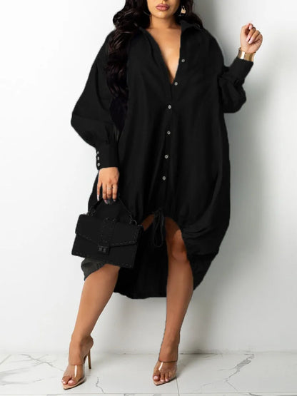 qgtao  Plus Size dresses Drawstring Patchwork Shirt Dress Fashion Drop Shoulder Long Sleeve Shirt Collar Women Streetwears vestido