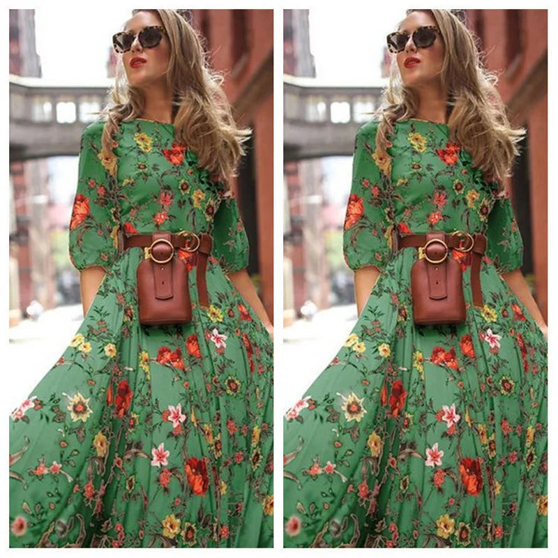 qgtao Spring Summer Vintage Flower Floral Print Maxi Dress Office Lady Fashion Elegant Long Sleeve O-neck Dresses For Women 2024