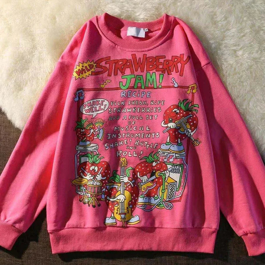 Kawaii Rose Red Cartoon Letter Print Sweatshirt Vintage Streetwear Fashion Tops 2024 New O-neck Casual Teens Clothes Goth Punk