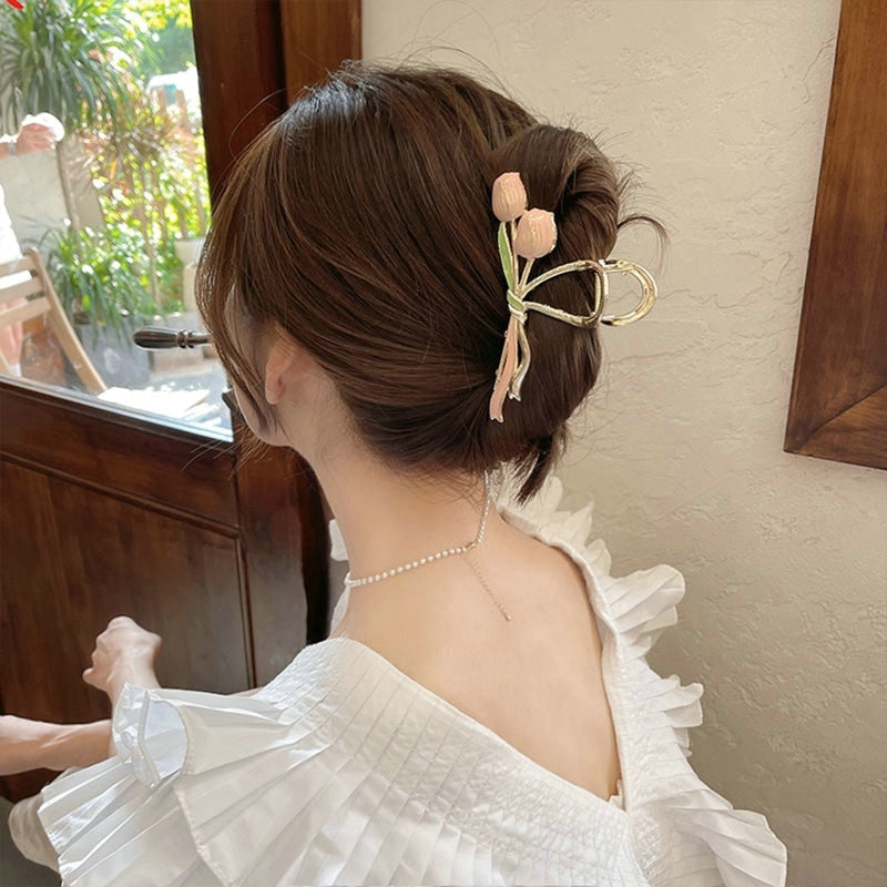 2022 Korean Fashion Pink 3D Tulip Hair Claws Women Girls Summer Shark Clip Hair Accessories Leaves Flowers Ponytail Gradient