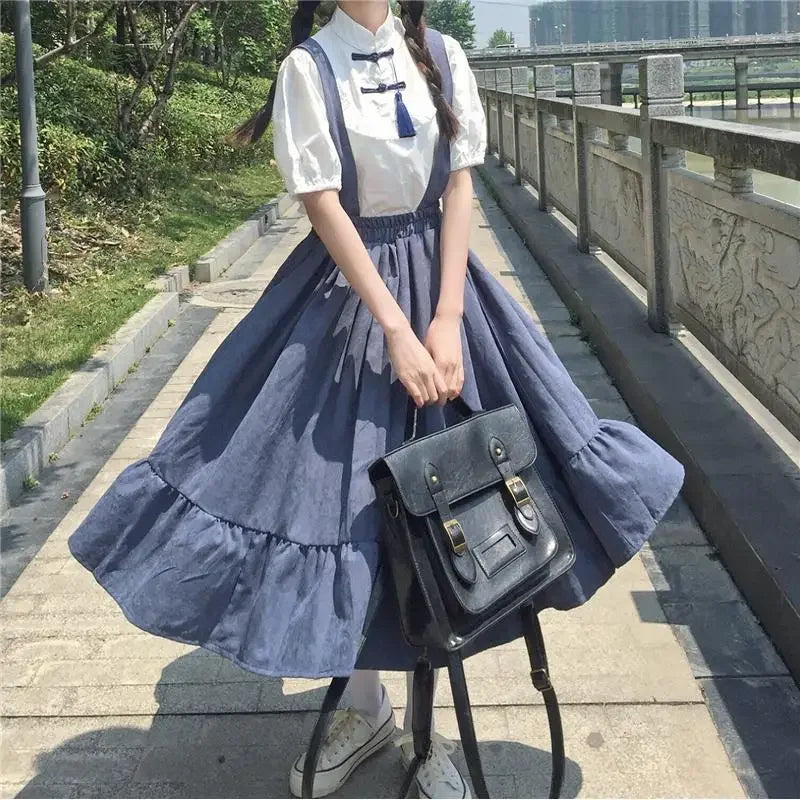 New Sweet Women Skirt Preppy Style Strap Long Skirt Ruffles Loose Cute Student Casual Skirt Female Skirts 2023 HOT