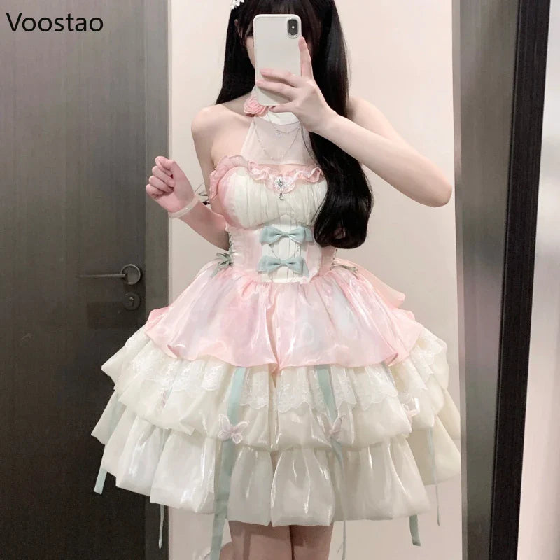 qgtao Vintage Victorian Lolita Princess Mini Dress Women Gothic Y2k Bow Lace Ruffles Sleeveless Party Dresses Girl Sweet Elegant Dress