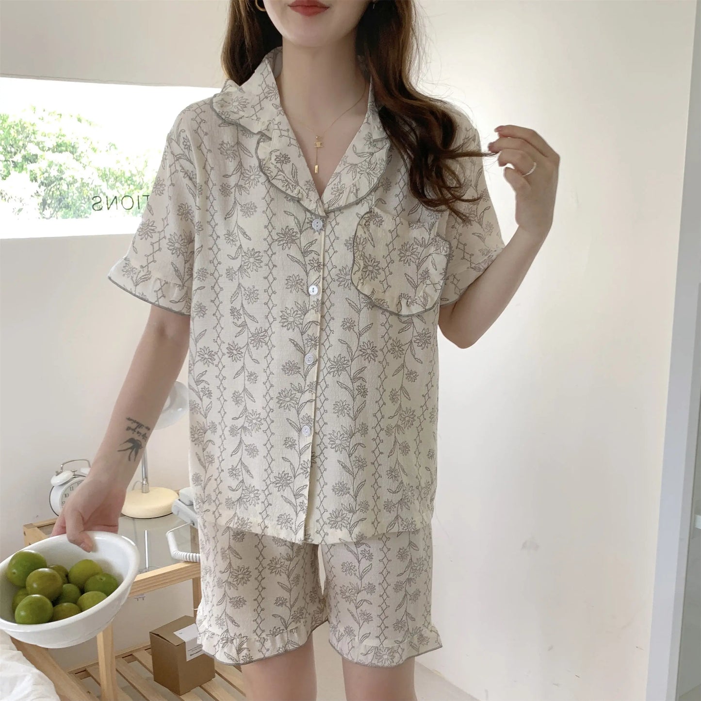 qgtao Pajamas Women's Bubble Cotton Three Piece Cardigan Short Sleeve Long Pants Shorts Fashion Simple Cute Printed Home Furnishing Sleepwear