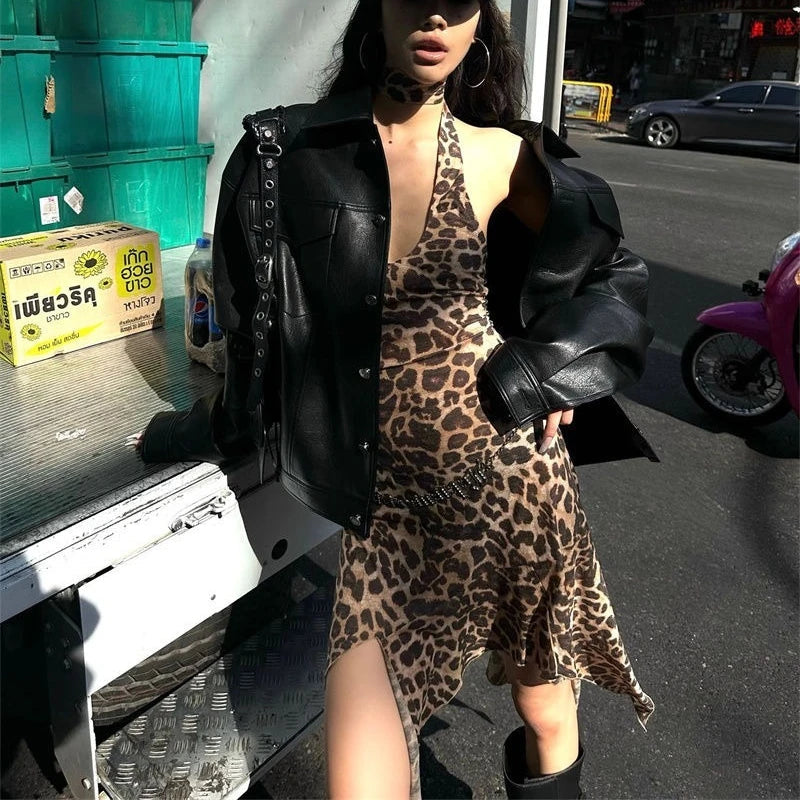 qgtao Leopard Printed Sexy Woman Dresses Vintage Mini Backless Y2k Dress Short Streetwear Party Female Fashion Hotsweet Chic