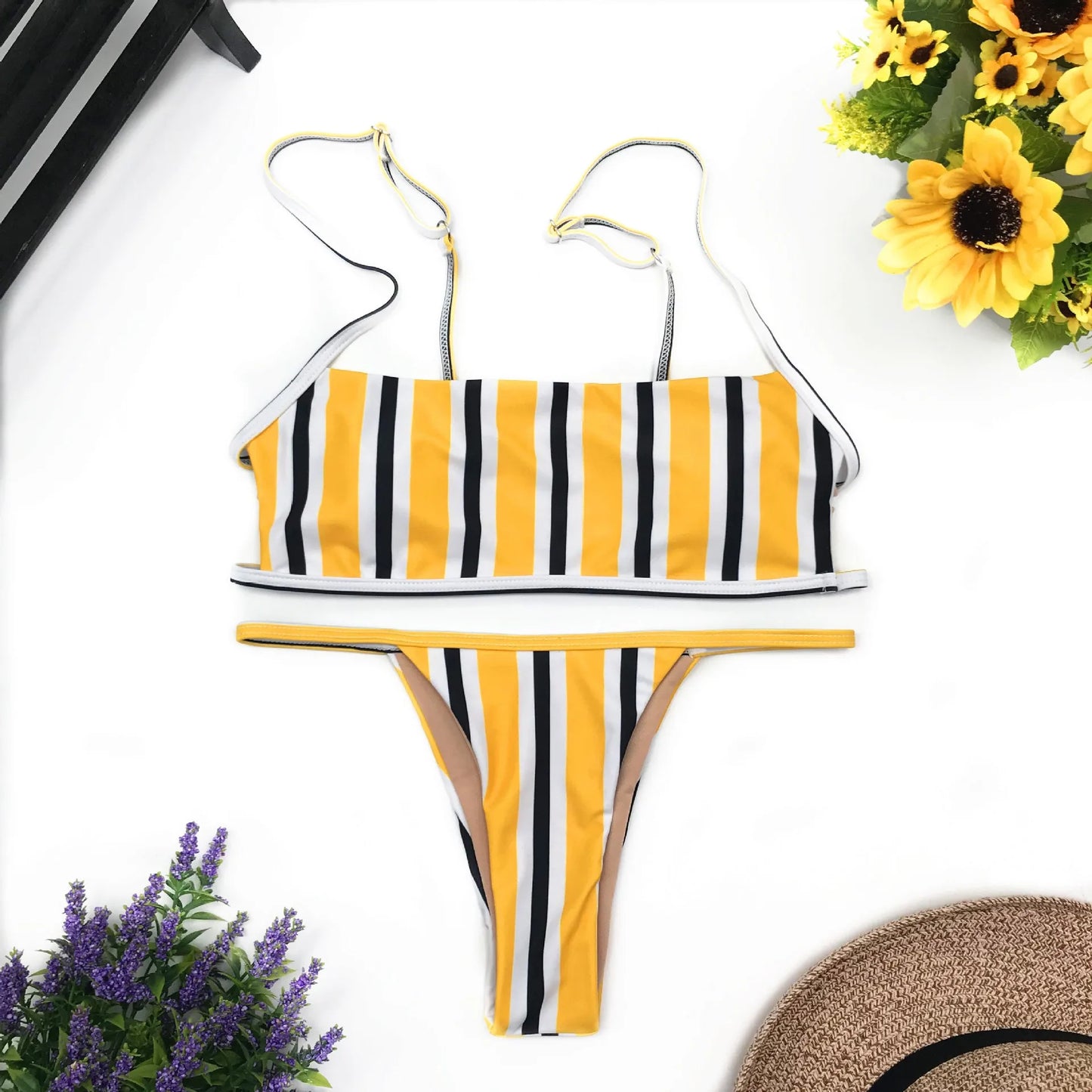 qgtao Sexy Stripe Print Swimsuit Women Solid Tube Top Bathing Suit High Cut Bikini Set Backless Beachwear Summer Brazilian Swimwear