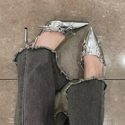 qgtao Y2K Silver High Heels Sandals Women Summer 2024 Punk Goth Pointed Toe Party Shoes Woman Metallic Thin Heeled Dress Pumps Ladies