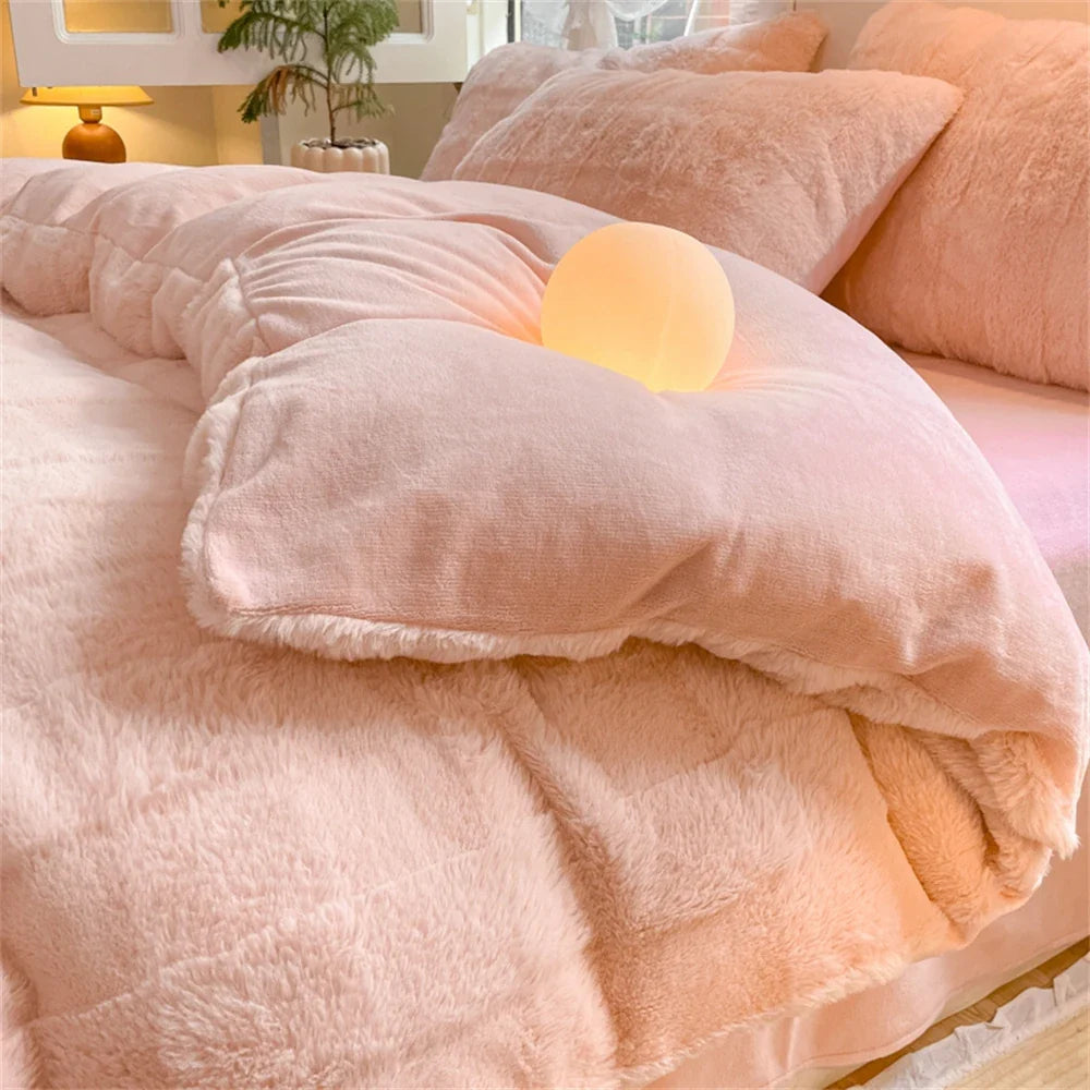 Yeknu Rabbit Plush Bedding Sets Milk Velvet Warm Four Piece Set Thicken Quilt Cover Bed Linen Pillowcase King Bedroom Decor