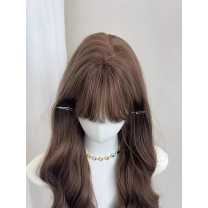 OKLULU  -  Wig for Women Brown Long Wavy Wigs with Bangs Wool Curls Long Hair Big Waves Headband Wig Heat-resistant