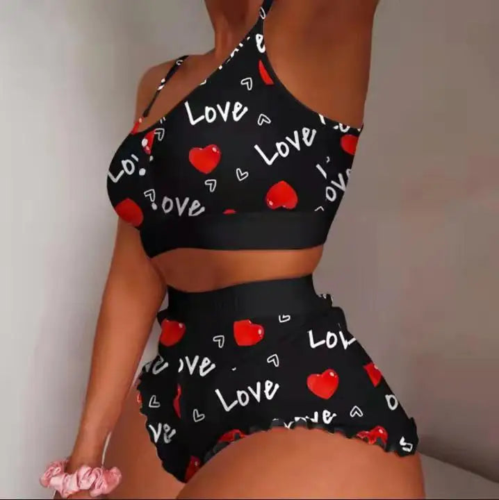 qgtao 2 Pieces Set Women's Pajama Shorts Suit Multiple Print Underwear Sexy Lingerie Camisoles Tanks Nighty Ladies Loungewear Homewear