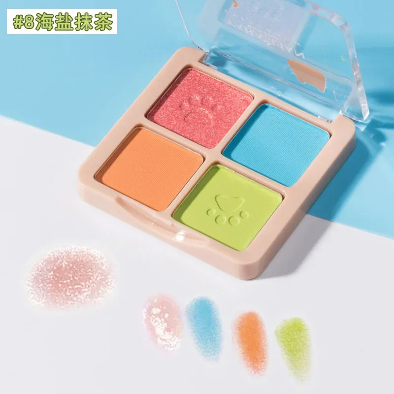 qgtao Cartoon Cat's Paw Fun Eyeshadow Quad Olive Green Blue Low Saturation Ash Powder Matte Eye Makeup Affordable Makeup