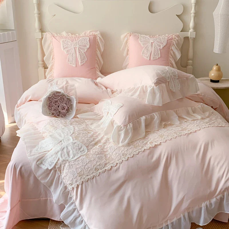 Yeknu Korean Princess Bedding Set Coquette Lace Bow  Beauty Solid Color Lace Ruffle Comforter Sets Luxury Girls Wedding  Duvet Cover