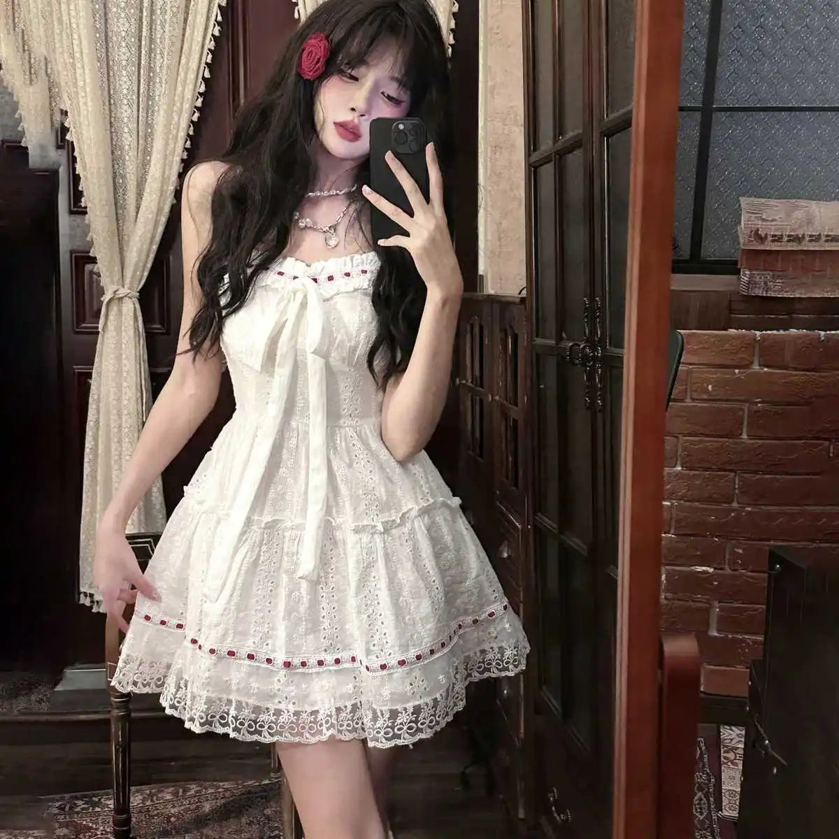 qgtao Sweet White Lace Mini Dress Women Autumn Sexy Sleeveless Bow Strap Dress Female Casual Cute Princess Wedding Party Dress New In