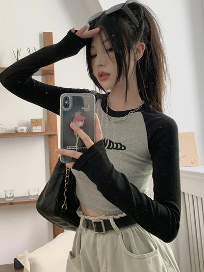 Patchwork Long Sleeve Tshirt Women Embroidery Crop Top Female Fashion O Neck Sexy Slim Tees Top Spring Ladies Basic T-shirts Y2K