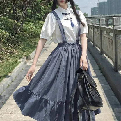 New Sweet Women Skirt Preppy Style Strap Long Skirt Ruffles Loose Cute Student Casual Skirt Female Skirts 2023 HOT
