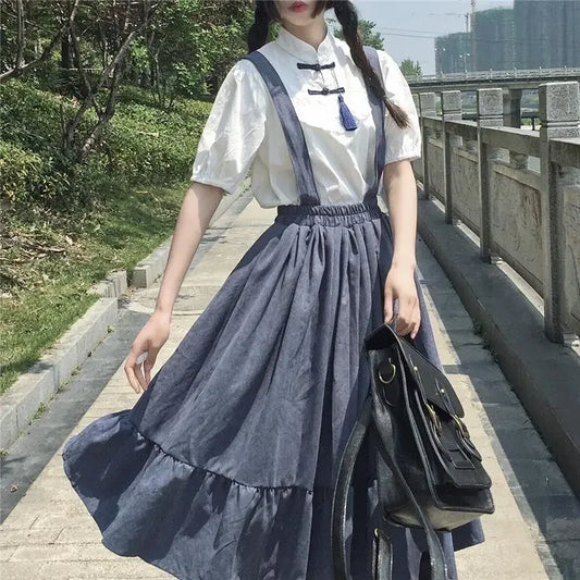 New Sweet Women Skirt Preppy Style Strap Long Skirt Ruffles Loose Cute Student Casual Skirt Female Skirts 2023 HOT