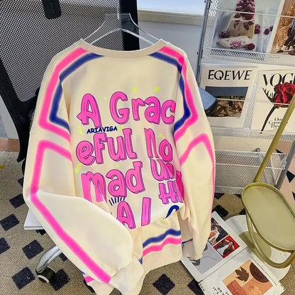 High Street Cute Colors Doodle Full Graphic Hoodies Women Loose Oversized Sweatshirt Y2K Korean Fashion Grunge Egirl Fall Winter