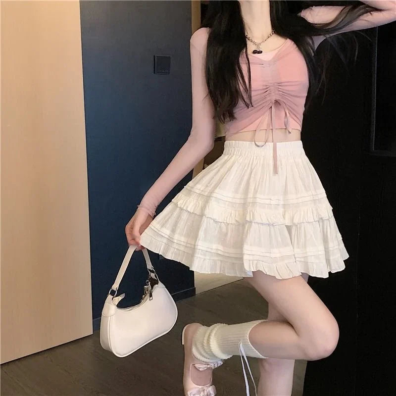 qgtao Lolita Pleated Ruffle Mini Skirts Women Casual White Short Skirt Cutecore Korean Style Sweet Girl Black Layered Skirt