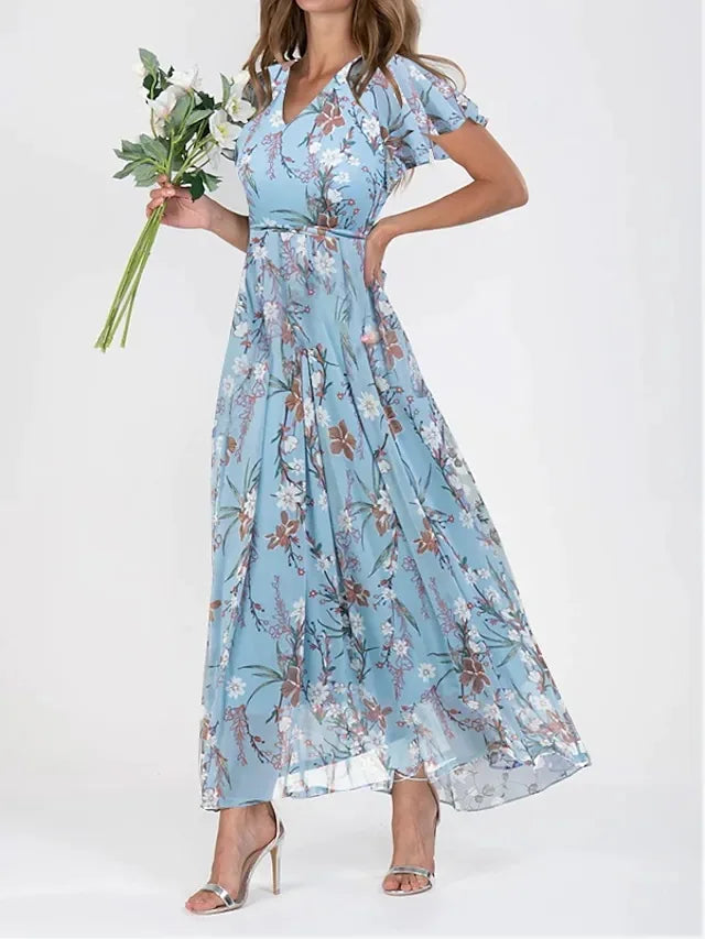 qgtao Female Vintage Floral Printing Chic Dress Women Summer Elegant V Neck Maxi Party Dresses Casual Chiffon Beach Long Dress Vestido