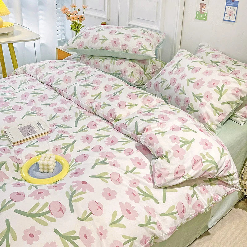 Yeknu Ins Style Bedding Set Cotton Soft Flat Fitted Sheet Duvet Cover Pillowcase Floral Rabbit Boy Girls Home Textile Bedclothes