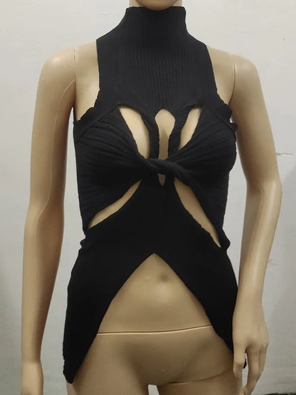 qgtao Sexy Crop Top Women T shirt Summer Cut Out Vest Round Collar Sleeveless Solid Knitting Tank Tops  Hollow Out Street wear