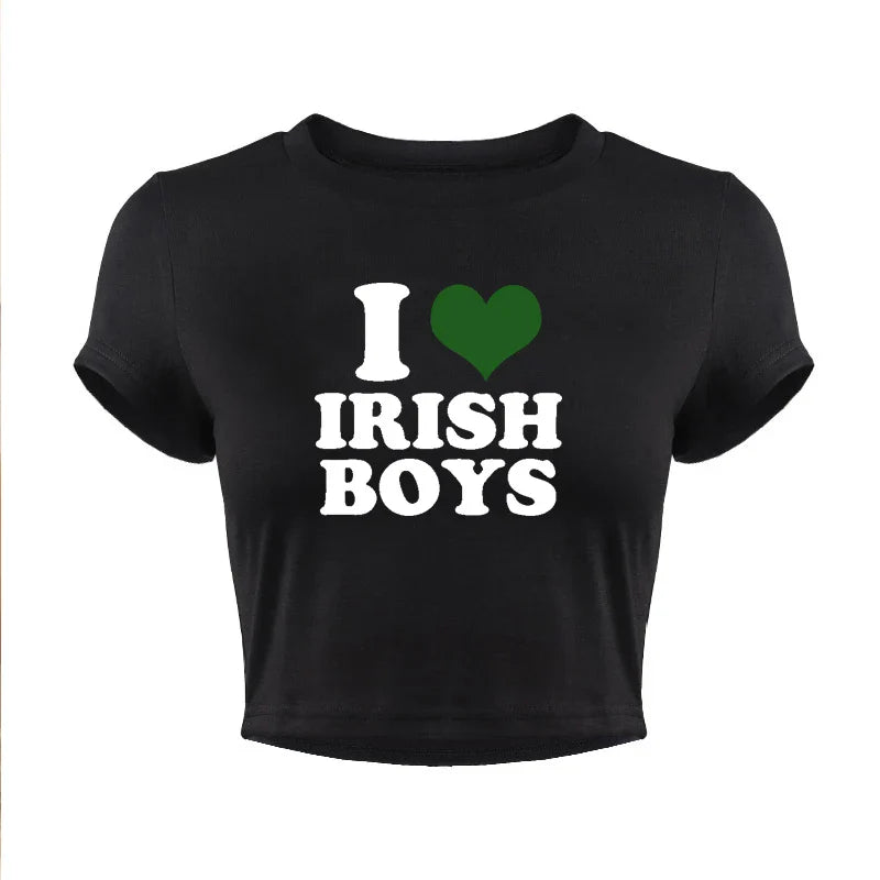 I Love Irish Boys Hip Hop Graphic Women Cropped Tops Harajuku Kawaii Clothes 2000s Y2k Baby Tee Fashion T Shirt Female Crop Top