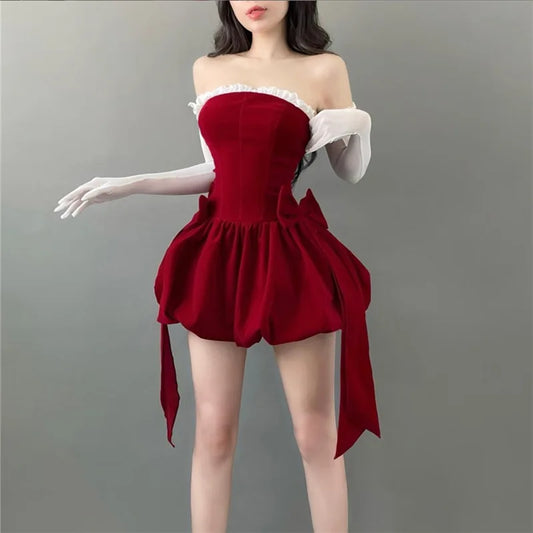 Sexy Bow Strapless Dresses Summer Women's Dress 2024 New Lace Slash Neck Solid Skinny High Waist Wrapped Chest Mini Dress Women