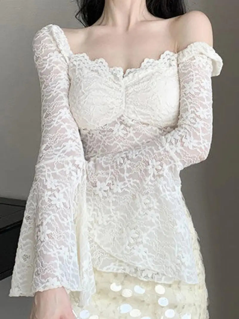 qgtaol Lace Crop Tops Women Sexy Off Shoulder Blouses Female Vintage Fashion Slim Tee Ladies Elegant Chic Slash Neck