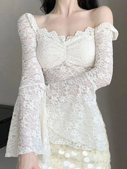qgtaol Lace Crop Tops Women Sexy Off Shoulder Blouses Female Vintage Fashion Slim Tee Ladies Elegant Chic Slash Neck
