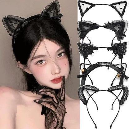 qgtao  -  Women Sexy Black Cat Ears Head Bezel Fashion Lace Lady Hairband Cosplay Headwear Headband Girl Birthday Party Hair Accessories