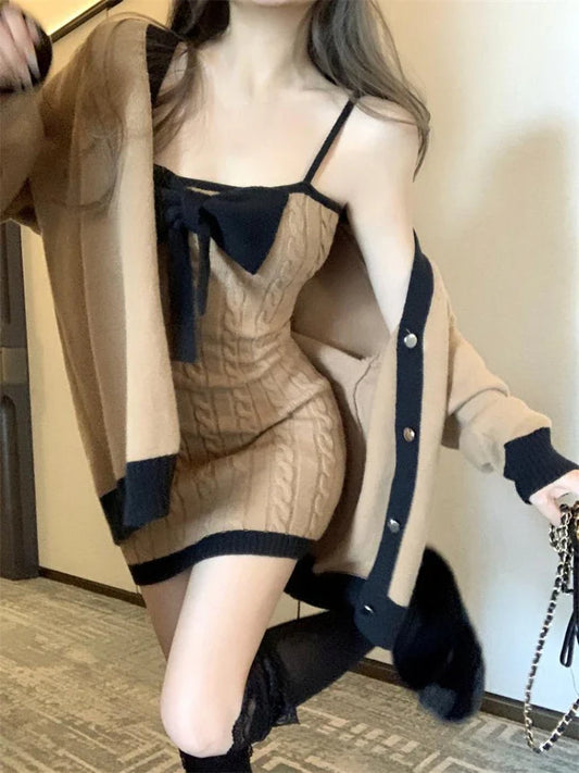 qgtao Winter Kawaii Knitted Two Piece Set Women Bow Mini Dress + Sweater Coat Female Korean Fashion Soild Vintage Mini Dress Suit