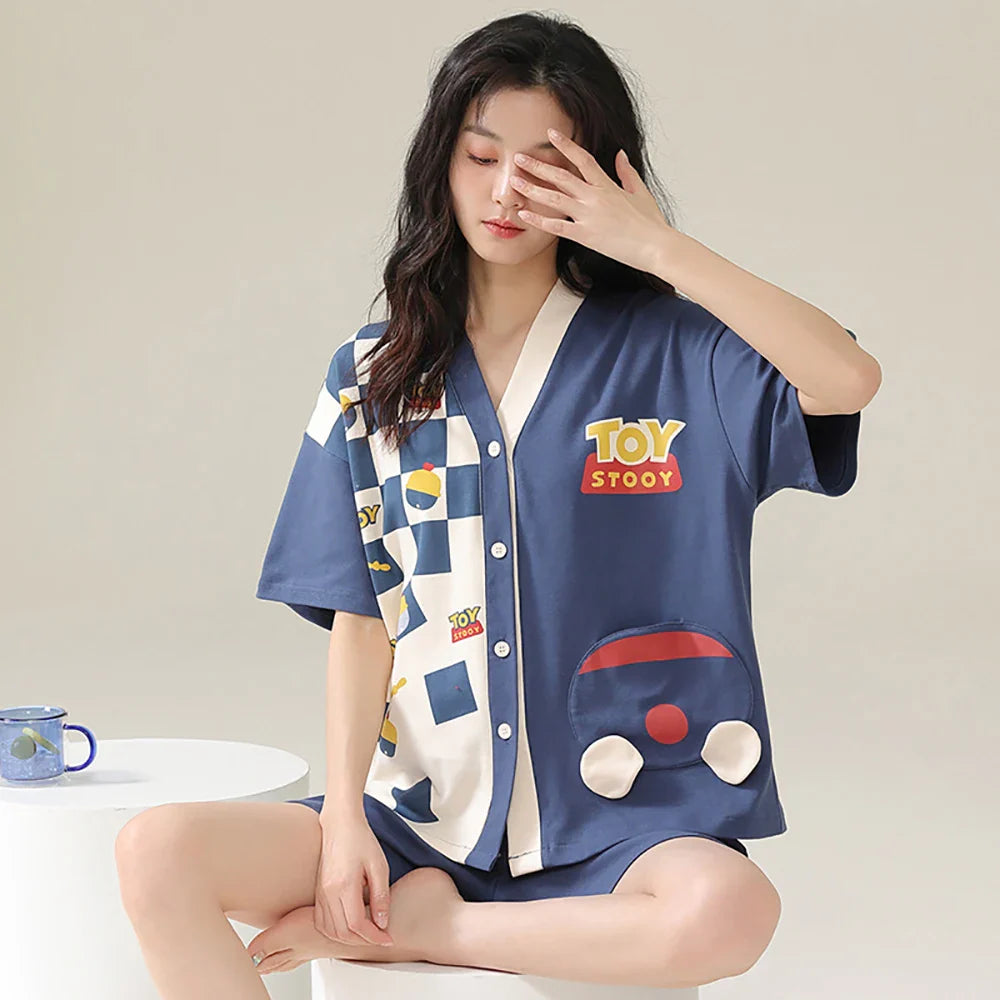 qgtao Sleepwear M-2XL 100% Cotton Trousers Sets Cartoon Print V Neck Sleepwear Summer Thin Short Sleeve Pajama Casual Comfortable Pijama Mujer