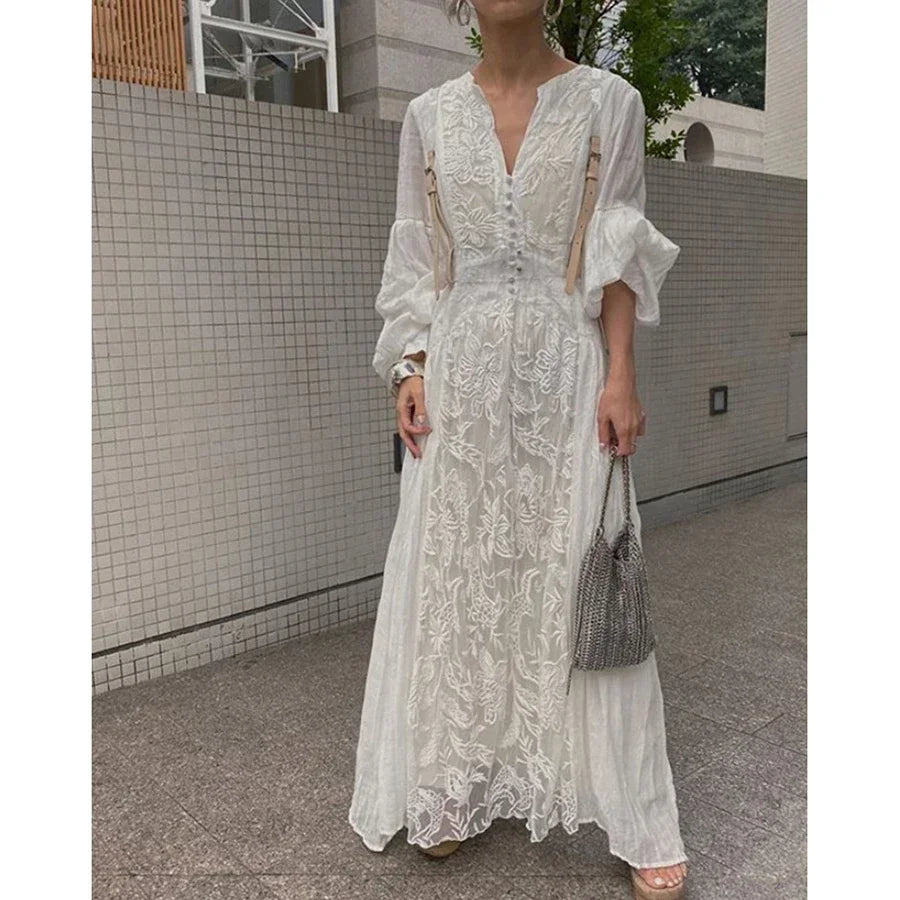 qgtao White Floral Embroidery Maxi Dress Vintage Boho Long Lantern Sleeve Dress Women V-neck Holiday Sexy Ladies Dresses