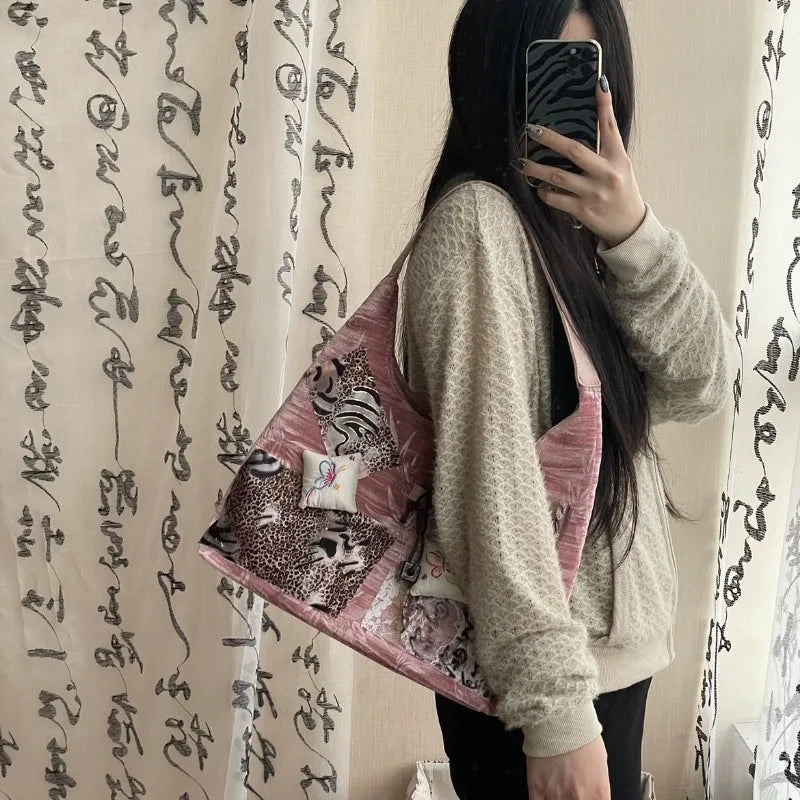 qgtao Y2k Vintage Tote Bag Aesthetic Patchwork Fashion Chinese Style Leopard Print Shoulder Bag Original Designer Ladies Handbag