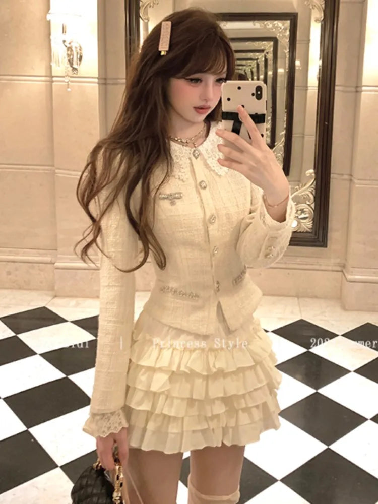 qgtao French Vintage 2-piece Set Tweed Lace Patchwork Single Breasted Coat Ruffles Cake Mini Skirt Korean Fashion Autumn Outfits New