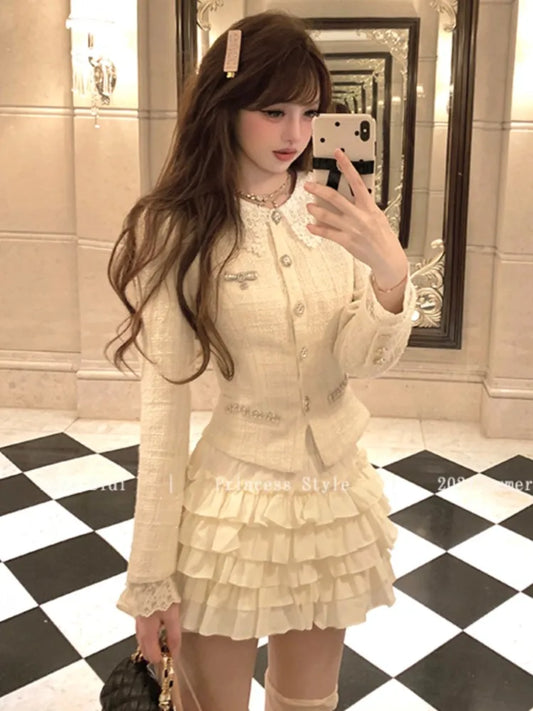 qgtao French Vintage 2-piece Set Tweed Lace Patchwork Single Breasted Coat Ruffles Cake Mini Skirt Korean Fashion Autumn Outfits New