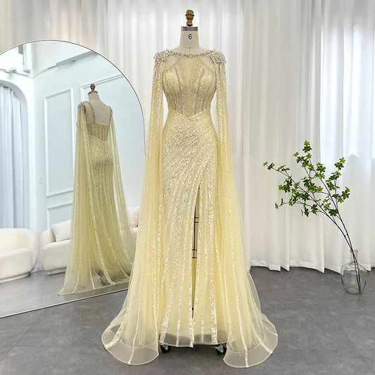 Luxury Crystal Dubai Yellow Evening Dress with Cape Sleeves Lilac Arabic Mermaid Women Wedding Party Gown