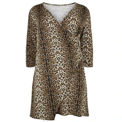 qgtao Plus Size 3/4 Sleeve Spring Autumn Sexy Wrap Dress Women V-neck Leopard Print Sheath Dress Large Size Work Office Dress 5XL 6XL