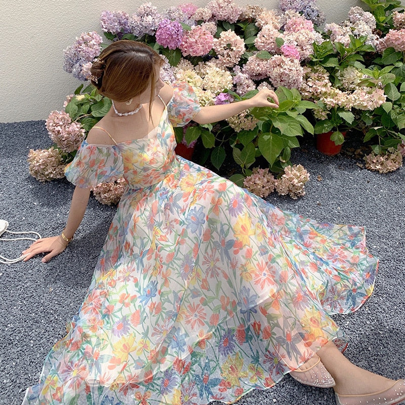 2022 Summer French Vintage Floral Dress One-shoulder Puff Sleeve Sexy Backless Slip Dresses Elegant Temperament Female Dress