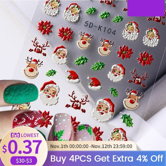 1 Sheet Embossed Snowflakes 5D Nail Stickers Decal Winter Christmas Nail Art Decoration Manicure Butterfly Nail Stickers Design