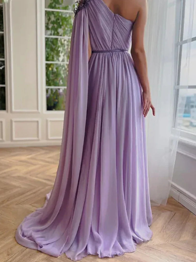 qgtao Purple Chiffon One Shoulder Sleeve Evening Dress Luxury Lilac Floor-Length  A-Line Elegant Formal Party Dress Women Prom Gown