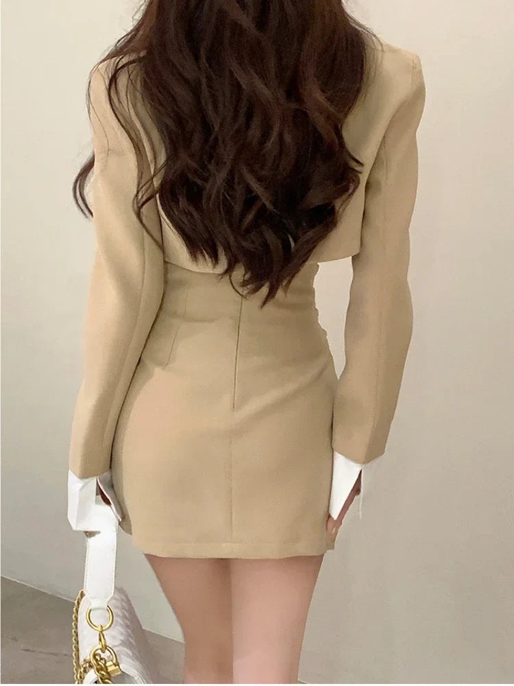 qgtao 2 Piece Dress Set Women Casual Y2k Crop Tops Elegant Jacket Coats + Mini Skirts Korean Fashion Suits 2024 Spring Blazers Dress