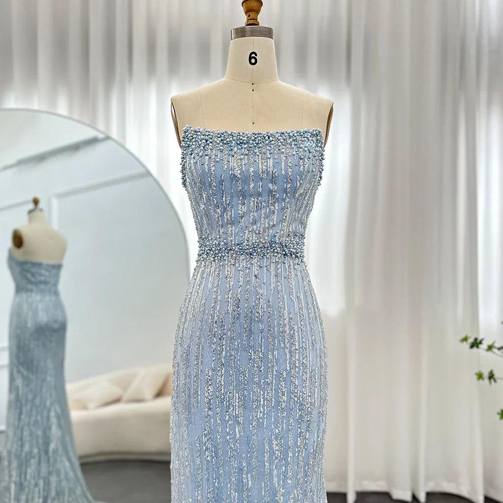 Light Blue Pearls Luxury Dubai Evening Dresses Elegant Strapless Arabic Women Wedding Party Formal Gowns