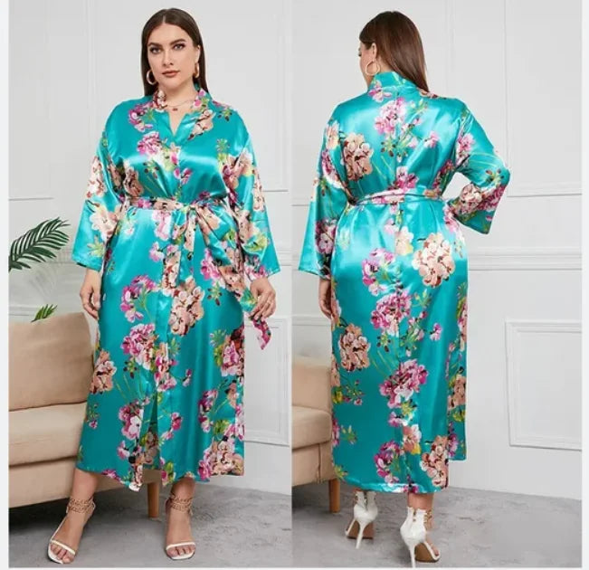 qgtao Oversize Long Robe Spring Summer Women Sleepwear Kimono Bathrobe Gown Sexy Satin Nightwear Nightgown Loose Home Dressing Gown