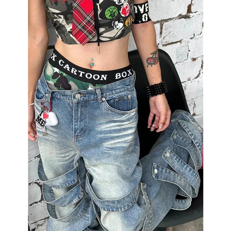 qgtao  -  High Waisted Blue Women's Jeans Fashion Streetwear Casual Vintage Baggy Straight 2024 Hip Hop Denim Trouser Mom Wide Leg Pants