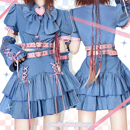 qgtao Y2K Set Sweetheart Spicy Girl dress skirt sets Women's 2024 Summer Bubble Sleeve Bowtie Campus Style 2 piece sets womens outfits