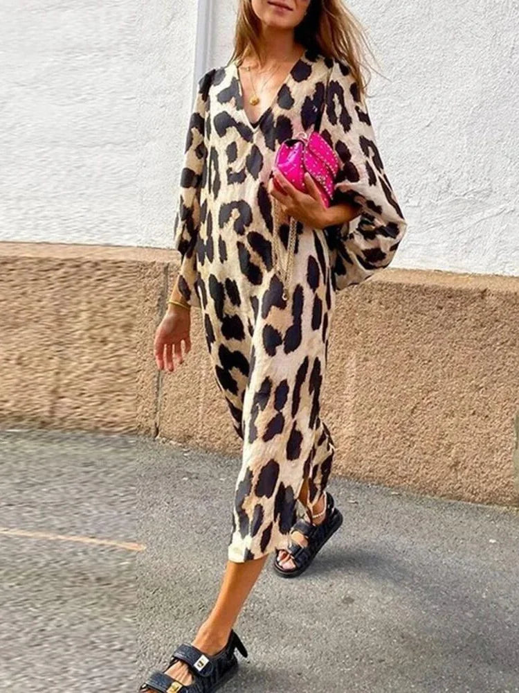 qgtao Elegan V-neck Leopard Print Maxi Dress For Women Vintage Lantern Sleeves Loose Vestido 2024 Spring Casual Female High Streetwear