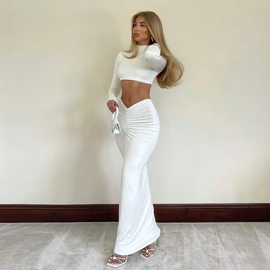 qgtao Sexy 2 Piece Set Outfits for Women Club Party Top and Dress Sets Elegant White Long Sleeve Long Ruched Matching Sets maxi skirt